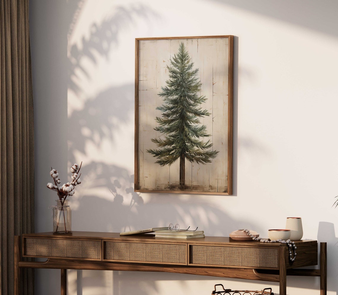 Single Fir Tree On Cream Plank Background Farmhouse Nature Art Poster - Image 3