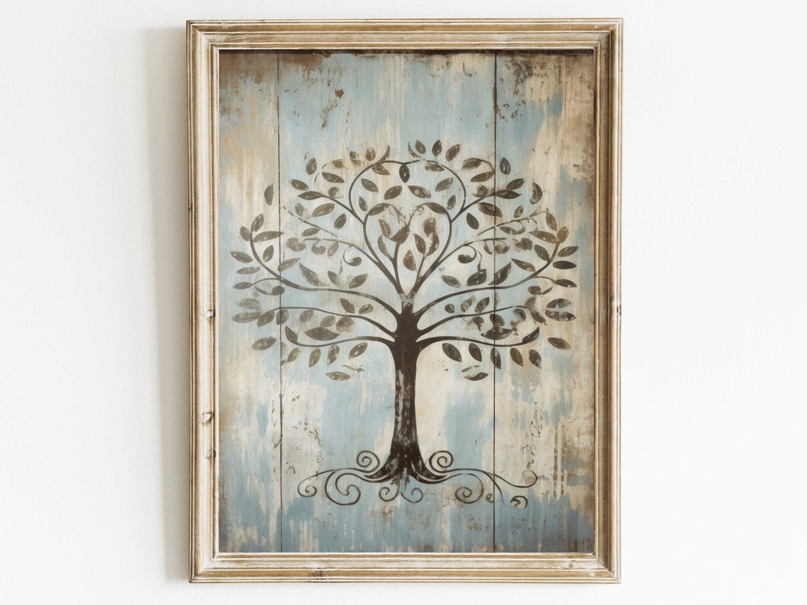 Tree of Life on Distressed Blue Wood Rustic Farmhouse Wall Poster