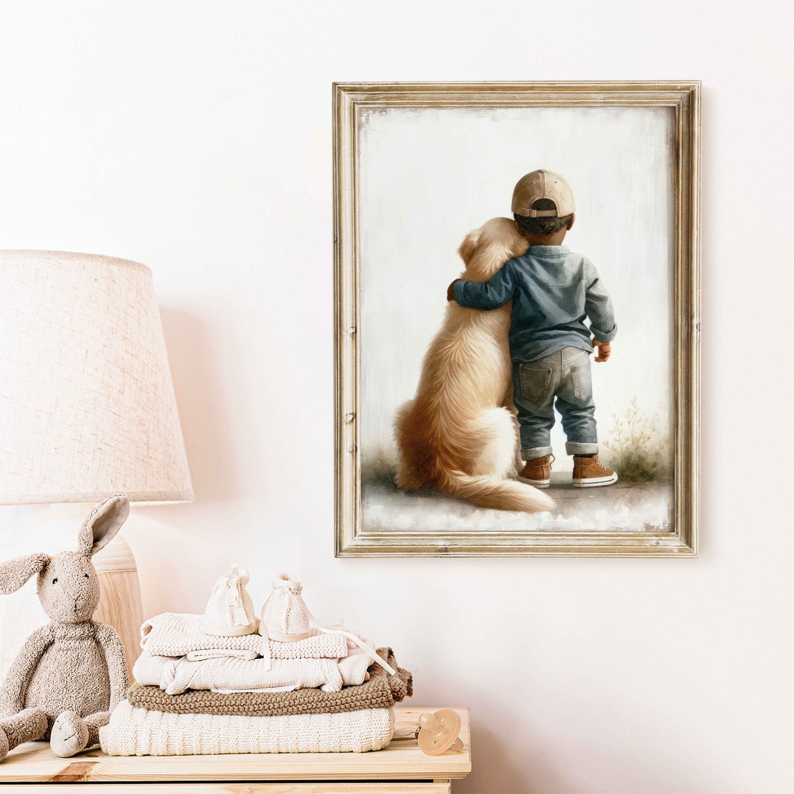 Boy Hugging Golden Retriever Puppy Back View Nursery Art Poster - Image 2