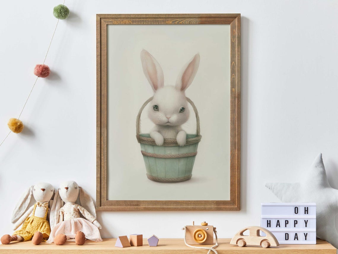 White Bunny Sitting in a Sage Green Bucket Nursery Wall Art for Kids