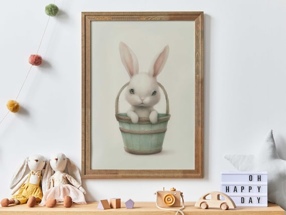 White Bunny Sitting in a Sage Green Bucket Nursery Wall Art for Kids