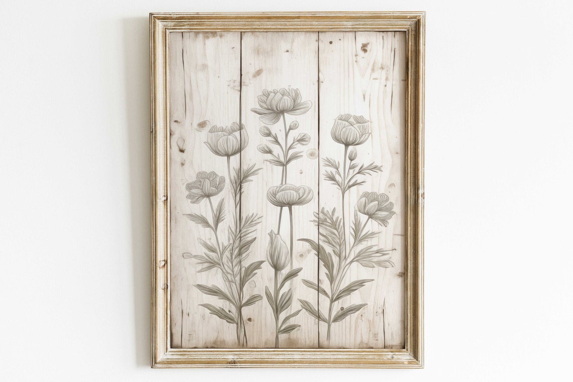 Rustic Whitewashed Wood Panel with Vintage Floral Sketch Art Poster