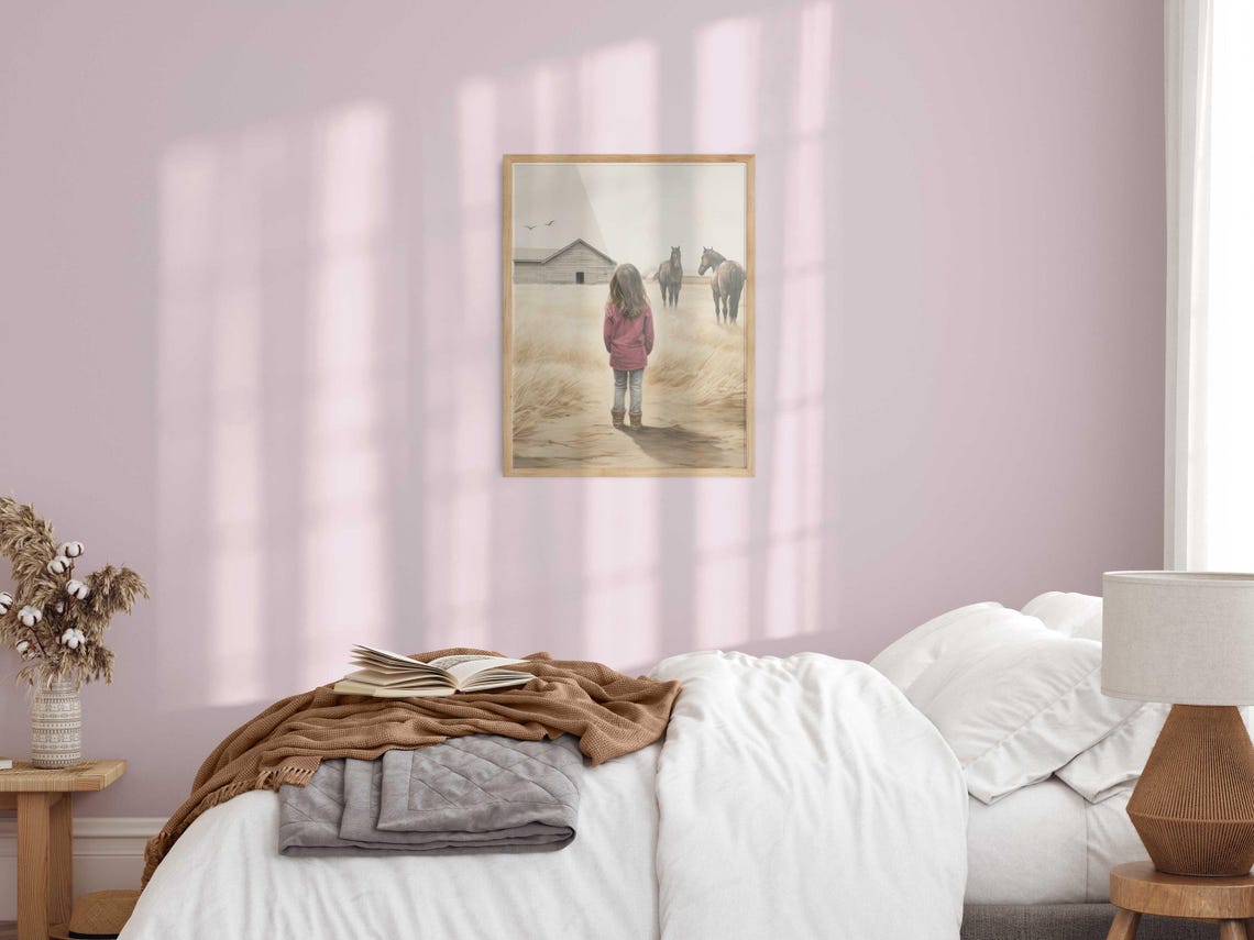 Little Girl With Two Horses At Rustic Barn Nursery Decor Poster - Image 2
