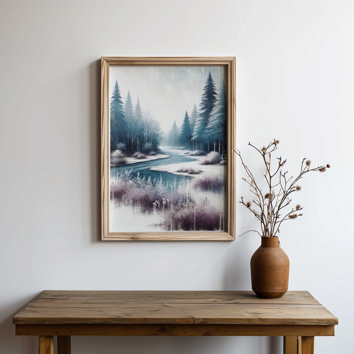 Winter Pine Forest River in Purple and Teal Watercolor Art Poster - Image 2