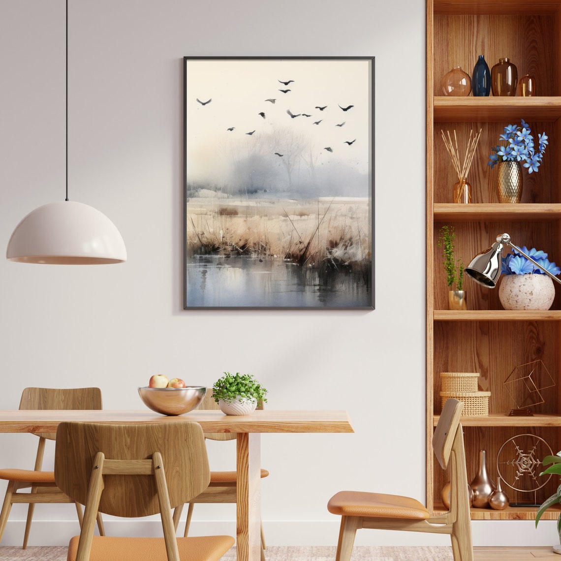Flock of Birds over Misty Wetland Poster Tranquil Watercolor Nature - Image 2