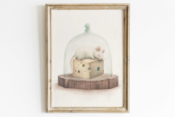 Mouse Napping on Cheese Under Glass Cloche Cute Animal Poster