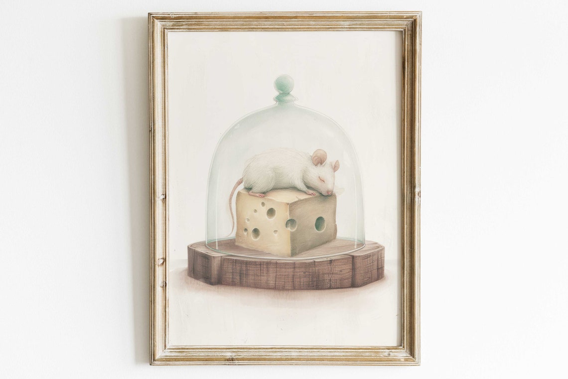 Mouse Napping on Cheese Under Glass Cloche Cute Animal Poster