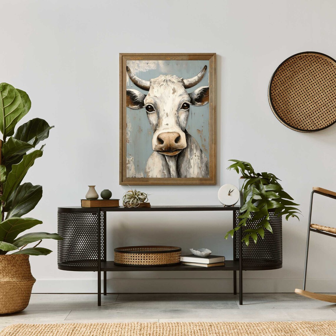 Vintage White Cow Portrait With Horns Rustic Farmhouse Poster - Image 2
