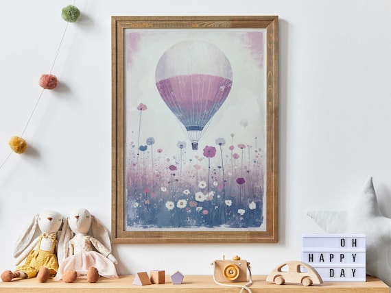 Lavender Hot Air Balloon Above Wildflower Field Vintage Nursery Poster
