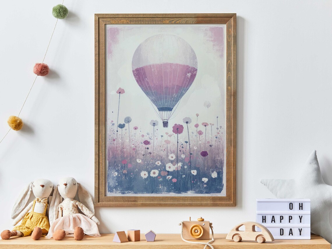 Lavender Hot Air Balloon Above Wildflower Field Vintage Nursery Poster