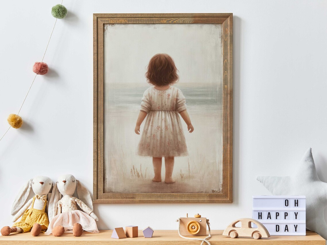 Little Girl in Floral Dress Gazing Out at the Ocean Beach Poster