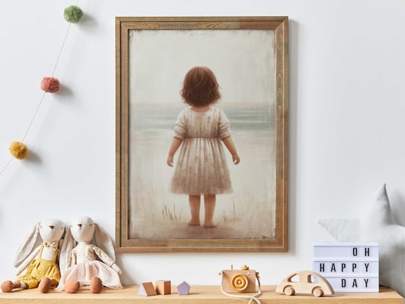 Little Girl in Floral Dress Gazing Out at the Ocean Beach Poster