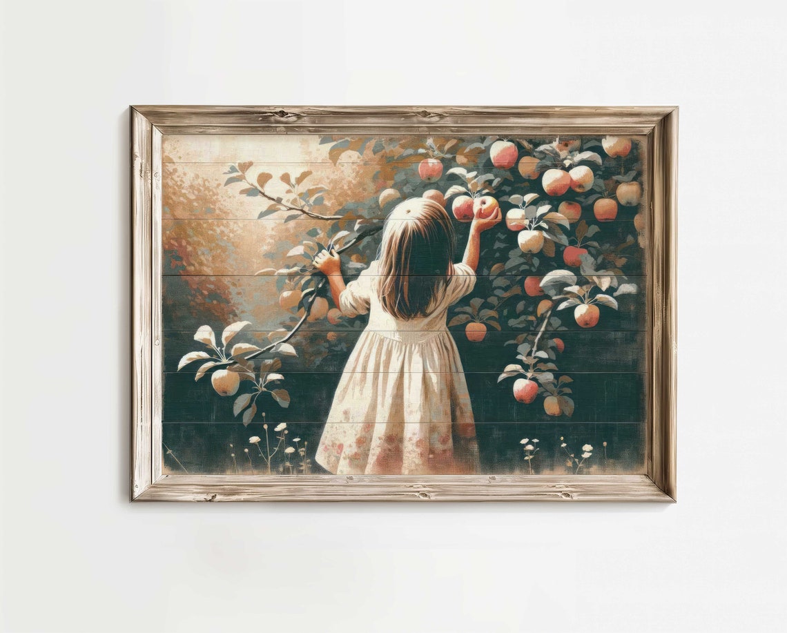 Vintage Nursery Wall Art Girl Picking Apples Print Girl Wall Art Apple Tree Painting Farmhouse Wall Art Country Style Artprintable Art