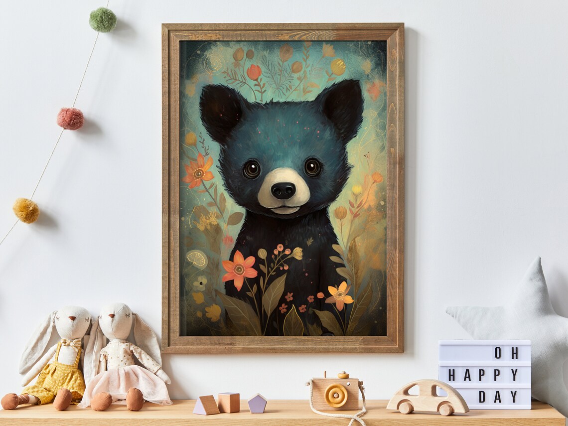 Black Bear Nursery Decor, Rustic Woodland Art Print