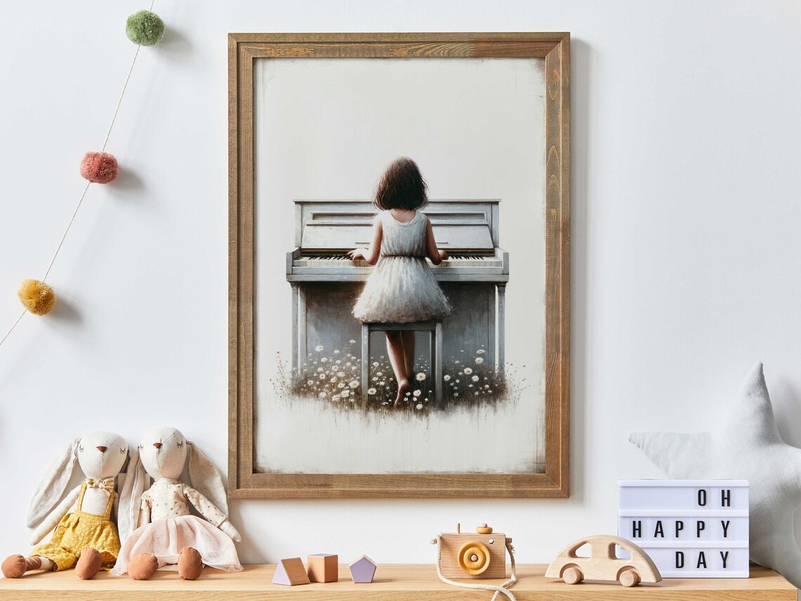 Little Girl Playing Piano in a Field of Flowers Nursery Poster
