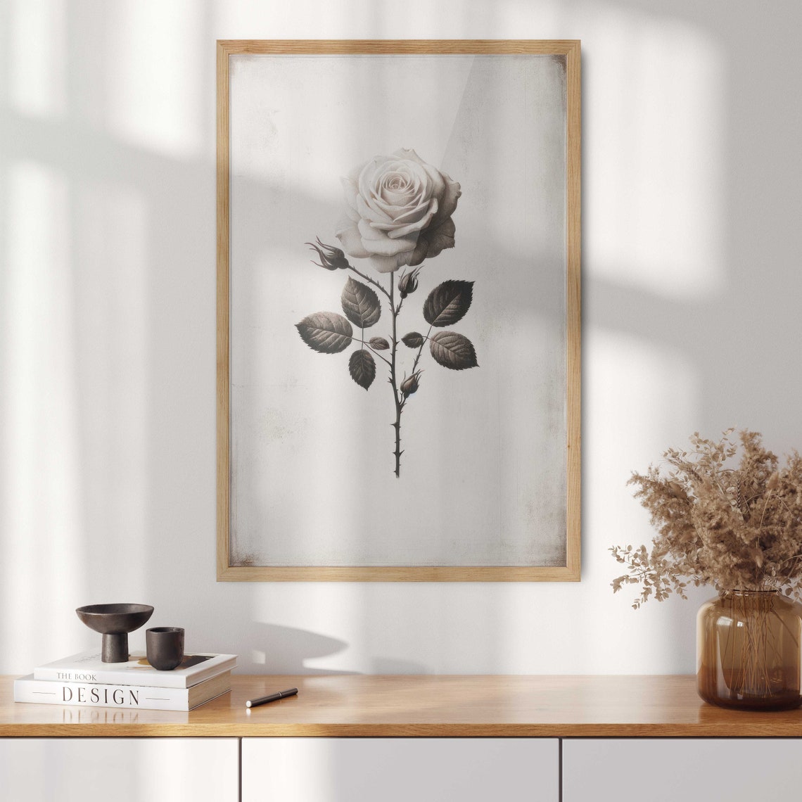 Elegant White Rose Stem Vintage Botanical Illustration Poster - Image 2