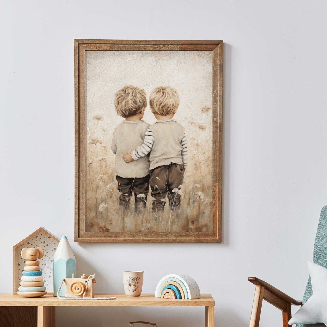 Twin Brothers Nursery Print, Rustic Boys Room Art - Image 2
