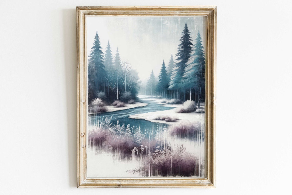 Winter Pine Forest River in Purple and Teal Watercolor Art Poster