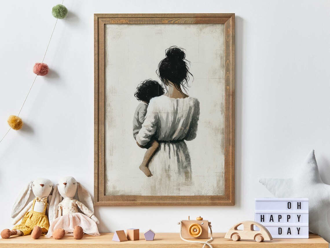 Mother Carrying Child On Her Back Tender Family Love Art Poster