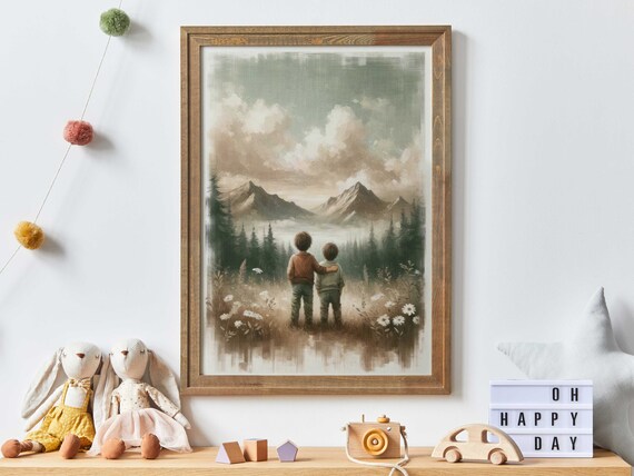 Two Brothers Arm in Arm Gazing at Misty Mountains Nursery Poster