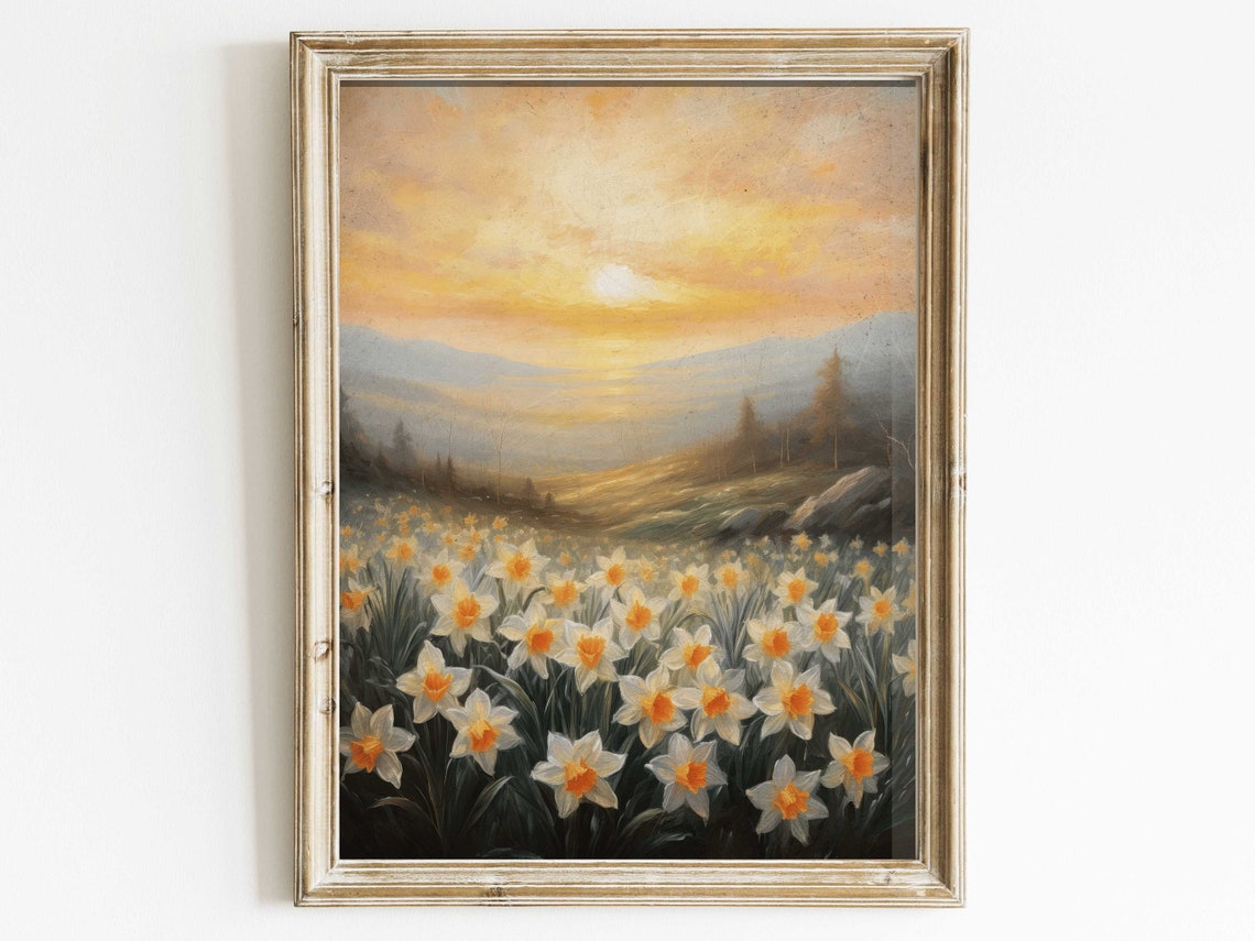 Sunlit Daffodil Field at Golden Sunset Countryside Floral Poster