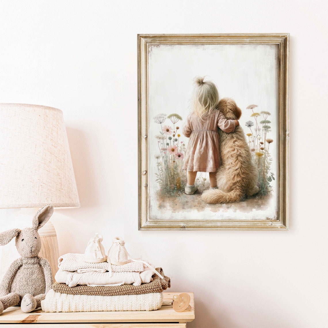 Little Girl Hugging Her Fluffy Goldendoodle Among Wildflowers Poster - Image 2