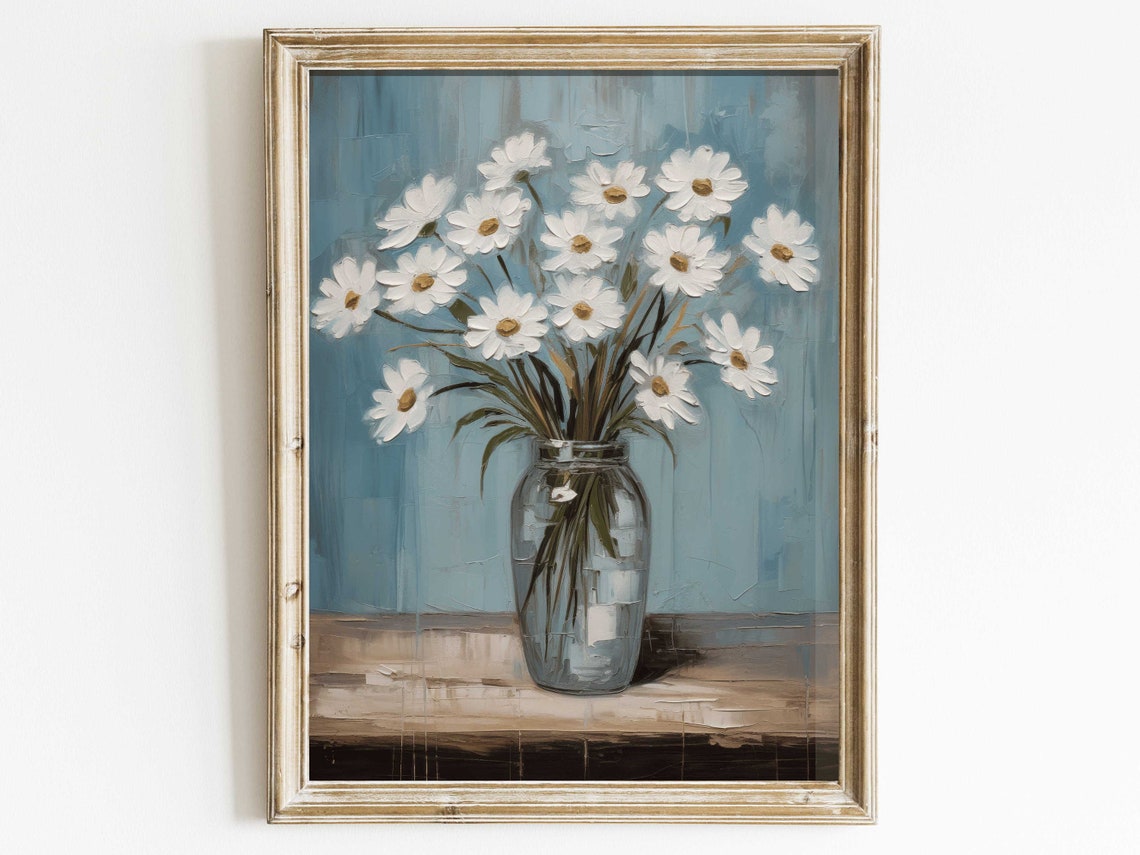 White Daisies in a Glass Jar Against a Blue Painterly Backdrop Poster