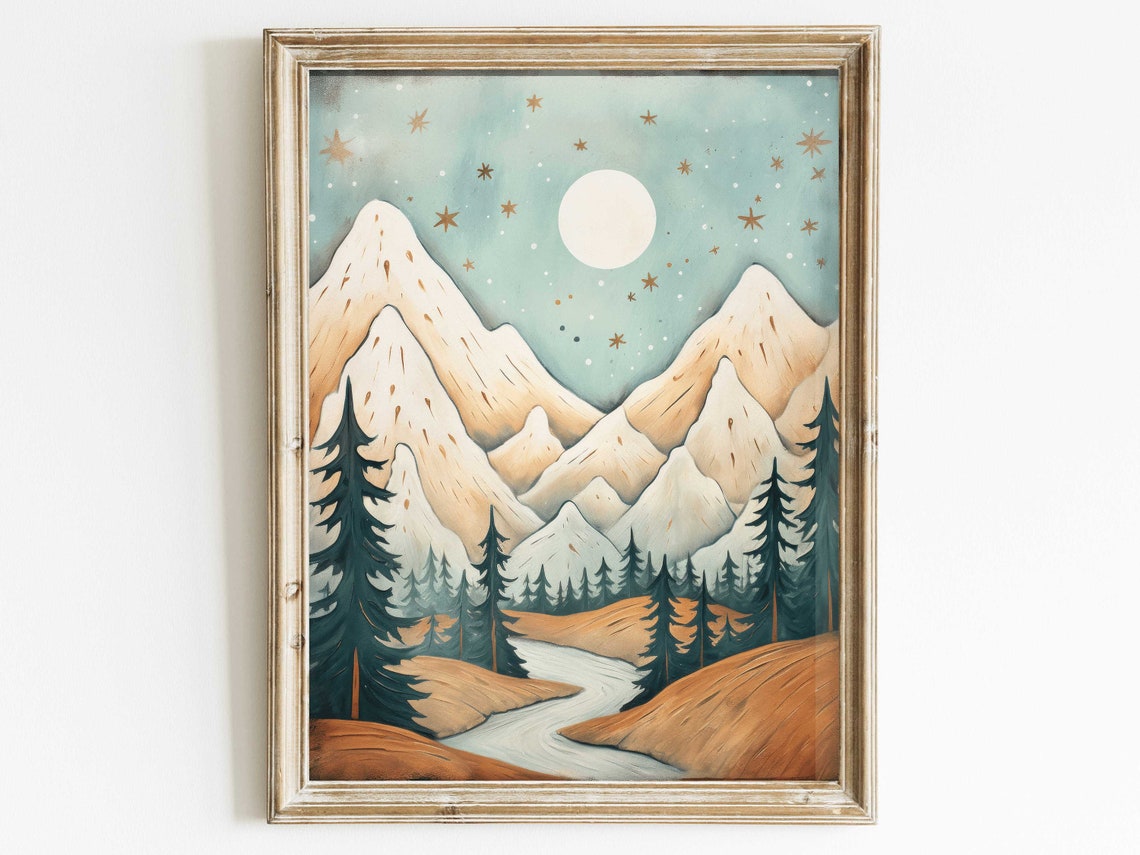 Starry Night Mountain Landscape With Glowing Moon And Pines Poster