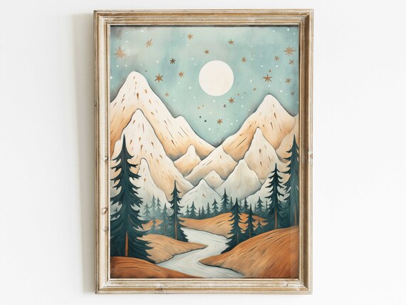 Starry Night Mountain Landscape With Glowing Moon And Pines Poster