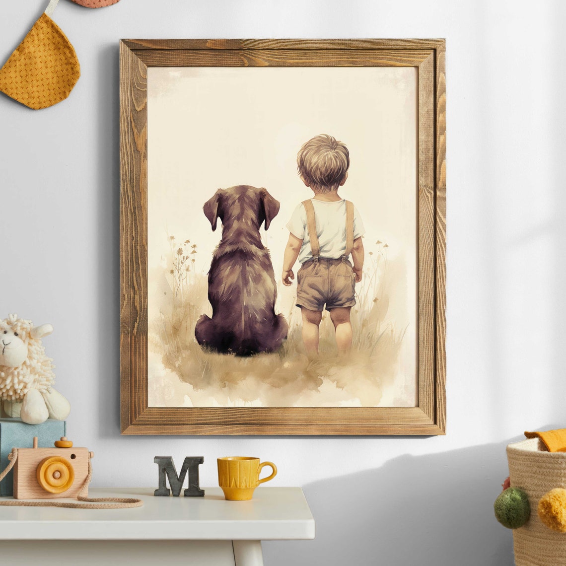 Boy and Brown Dog Sitting Side by Side Sweet Nursery Art Poster - Image 2