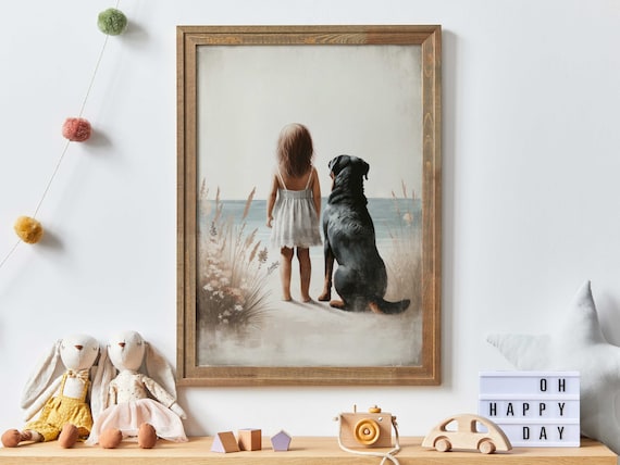 Little Girl and Big Dog at the Beach Tender Best Friends Wall Poster