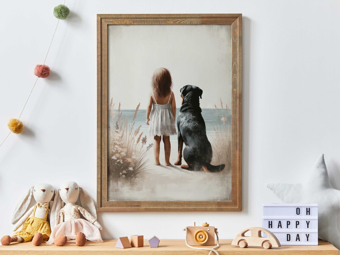 Little Girl and Big Dog at the Beach Tender Best Friends Wall Poster