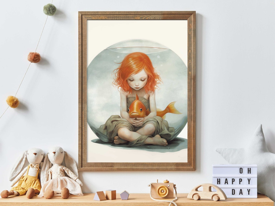 Goldfish Bowl Wall Art Quirky Nursery Decor Redhead Little Girl Fantasy Girls Room Wall Art Girls Bedroom Wall Art