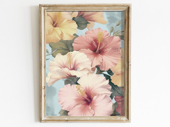Hibiscus Art Print Vintage Floral Print Flower Painting Pastel Wall Art Hibiscus Art Midcentury Floral Wall Decor Art