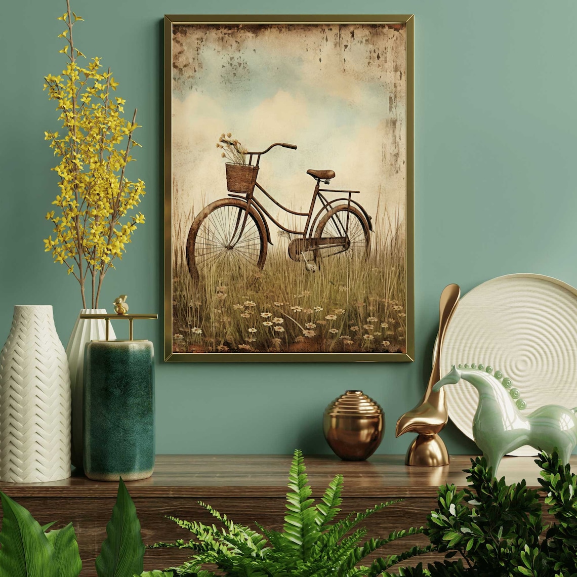 Vintage Bicycle Art Print, Rustic Floral Meadow - Image 2