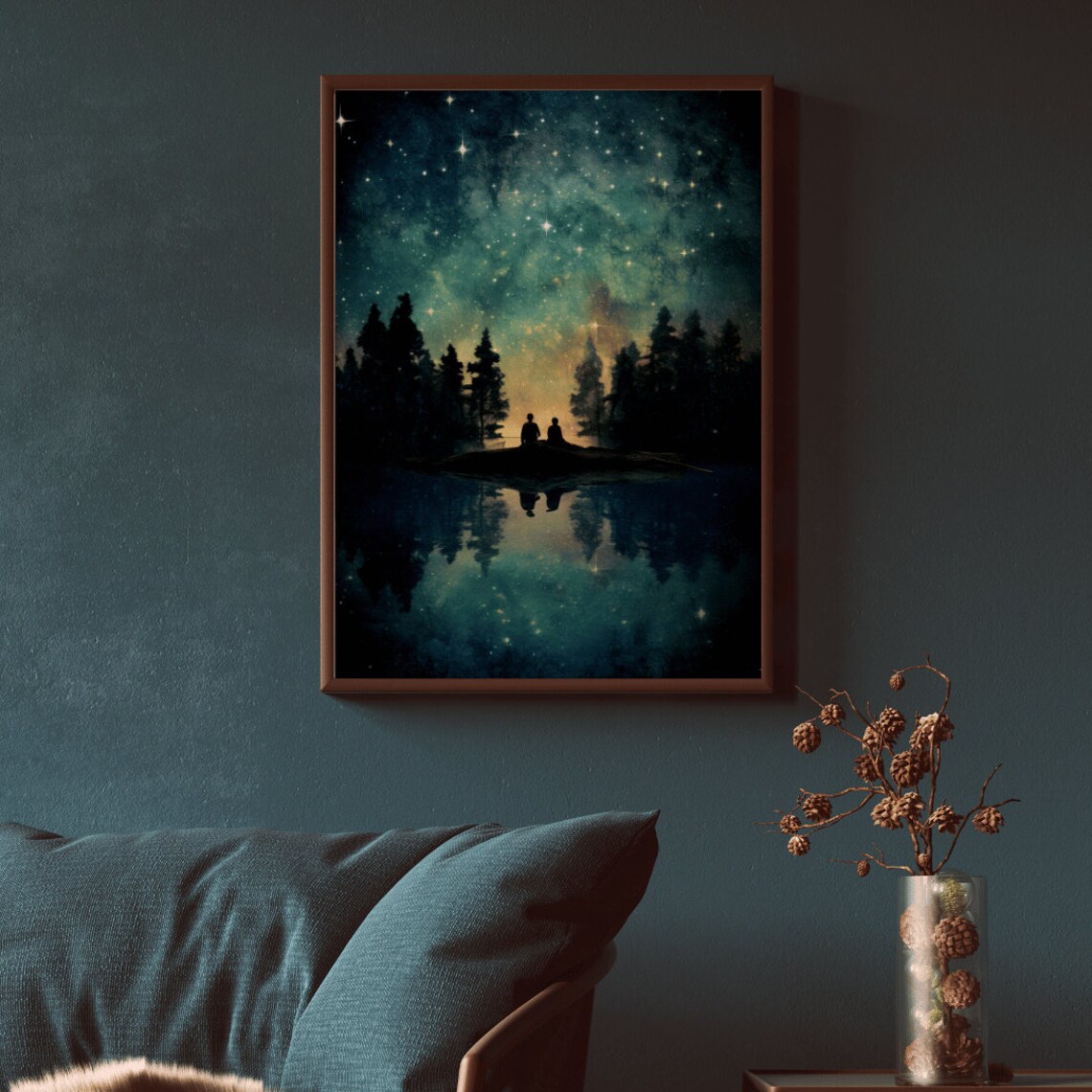 Watercolor Forest and Starry Lake Starlit Sky Art Print - Image 2