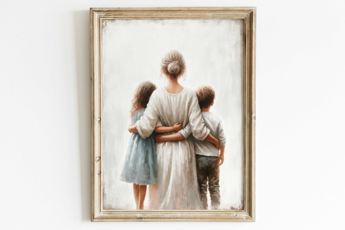 Mother And Kids Wall Art Mother Son And Daughter Print Mom And Children Painting Gift For Mothers Siblings Decor Family Art