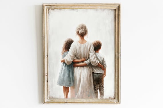 Mother Embracing Her Two Children in Soft White Light Poster