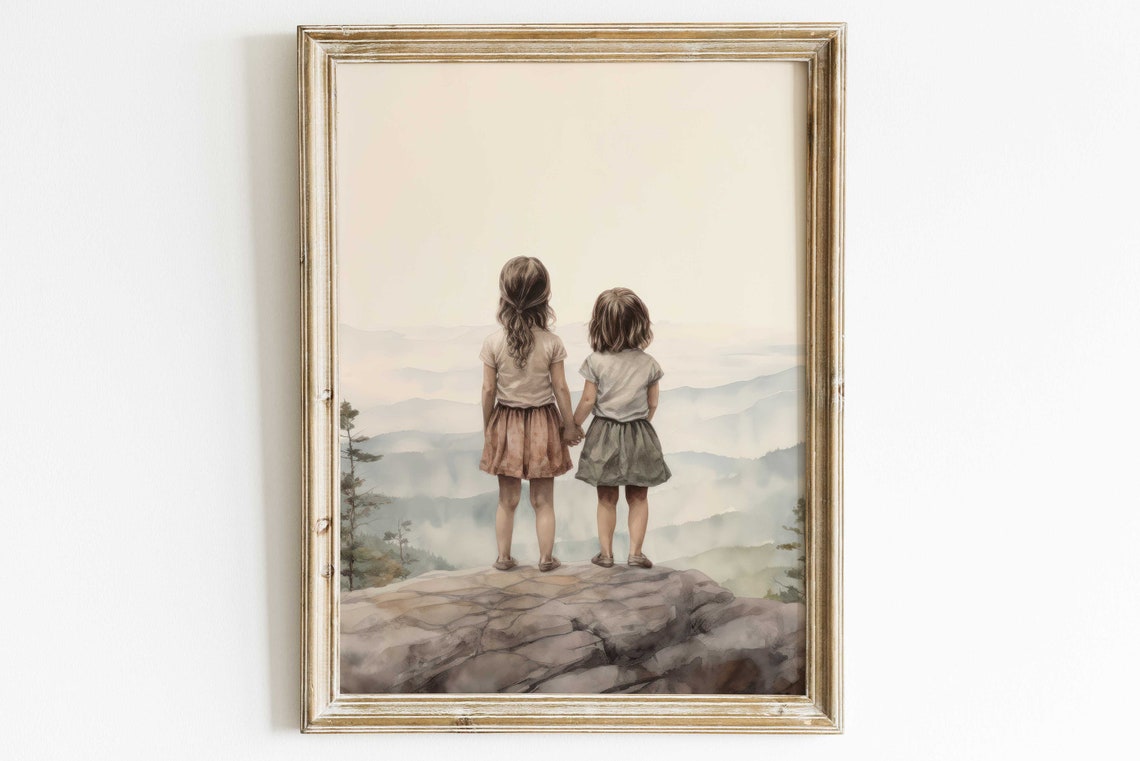 Two Girls Holding Hands Poster Rocky Overlook Mountain Nursery Decor
