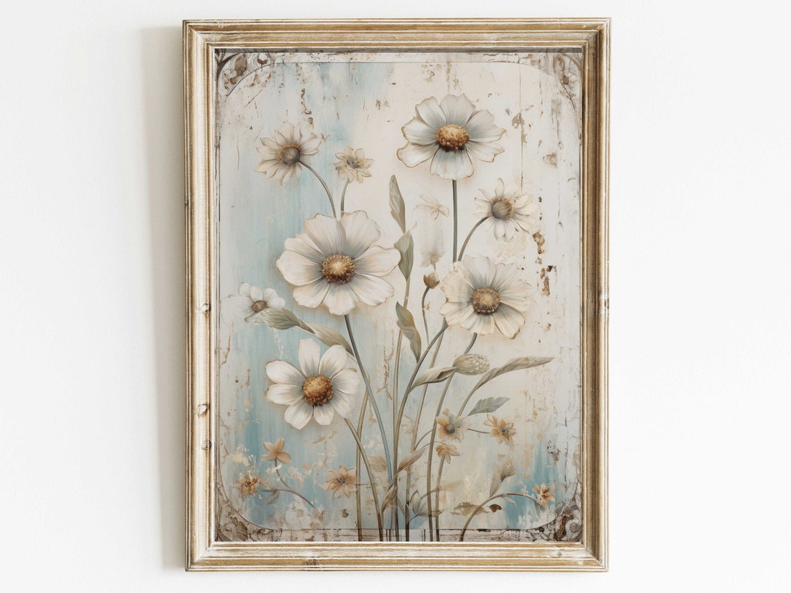White Daisies On A Distressed Vintage Blue Background Floral Wall Art