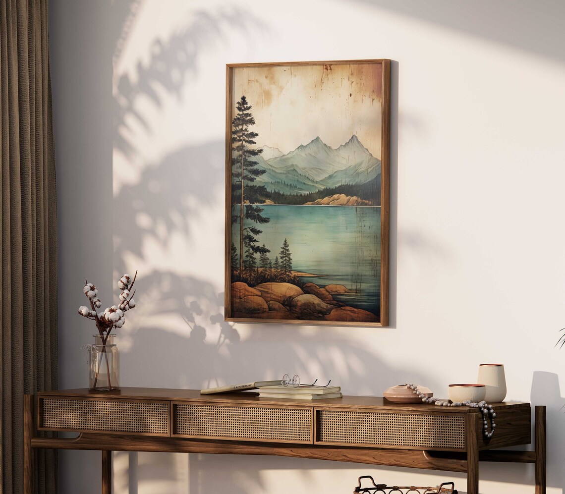 Lake Mountain Vintage Nature Art Print, Rustic - Image 2