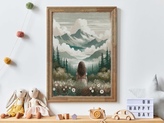 Girl Gazing At Misty Mountains With Wildflowers Adventure Poster
