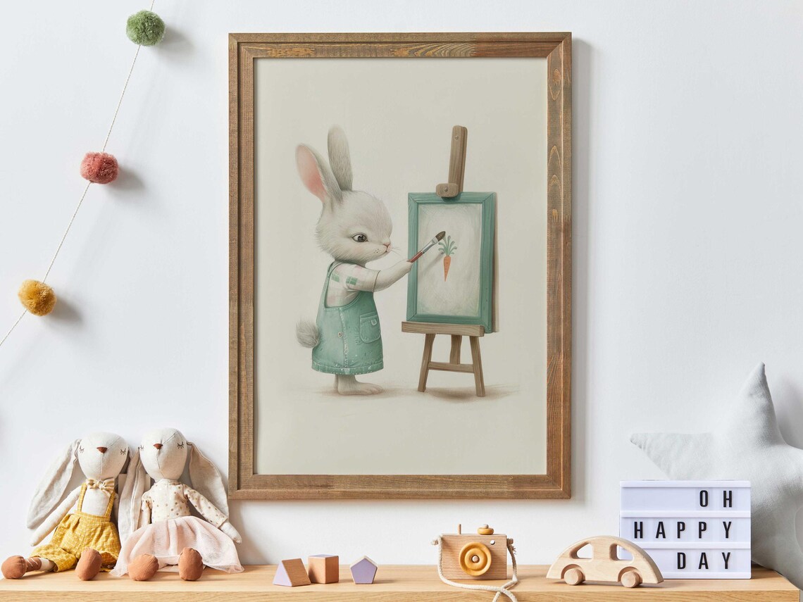Artist Bunny Painting a Carrot at Easel Cute Sage Green Nursery Poster