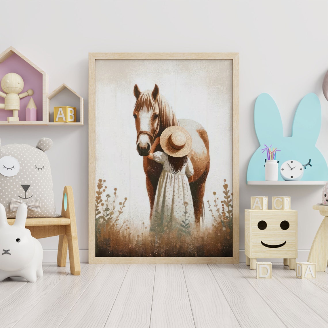 Little Girl Hugging Horse in Flower Field Nursery Decor Poster - Image 2