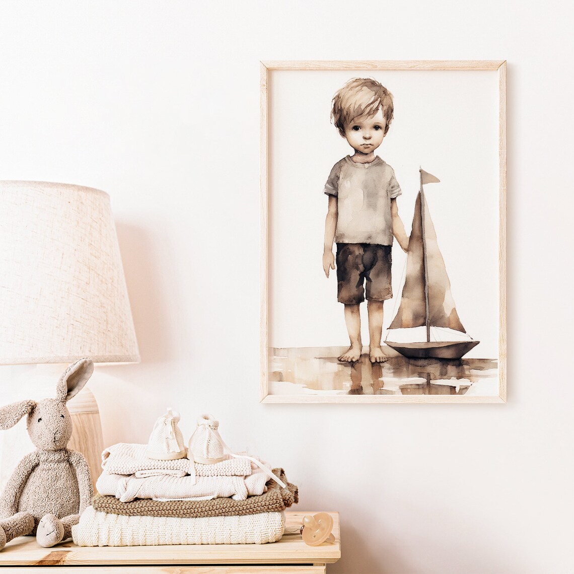 Little Boy Standing With Wooden Sailboat Vintage Nursery Poster - Image 2