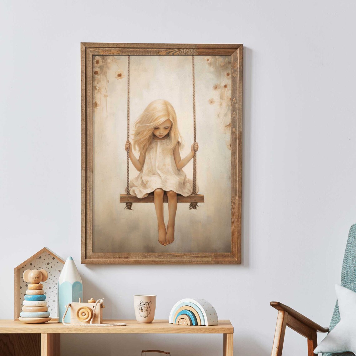 Girly Floral Girl On A Swing Vintage Poster