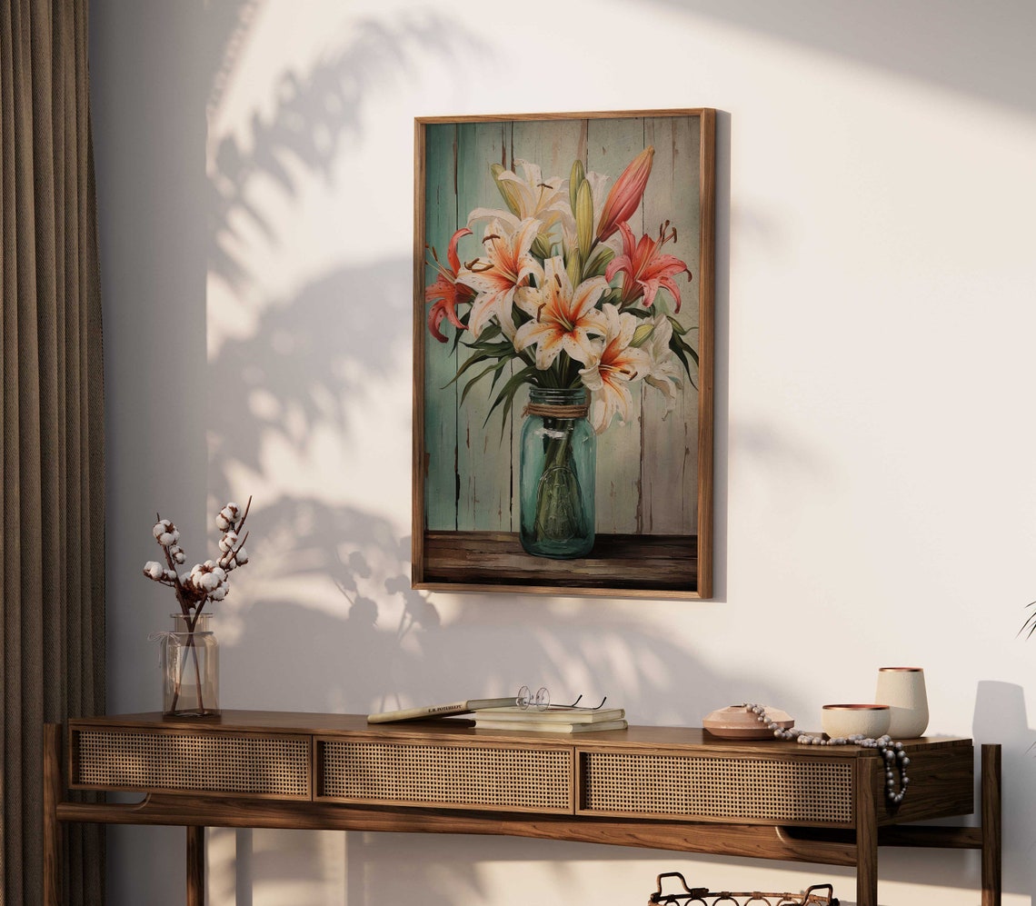 Tiger Lilies Bouquet in Glass Mason Jar Rustic Floral Wall Poster - Image 2