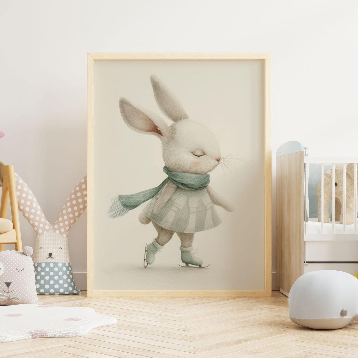 White Bunny Ice Skating in a Teal Scarf Winter Nursery Poster - Image 2