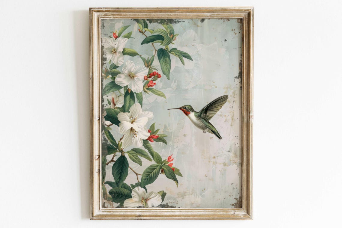 Ruby Hummingbird Botanical Poster White Blossoms Vintage Bird Art