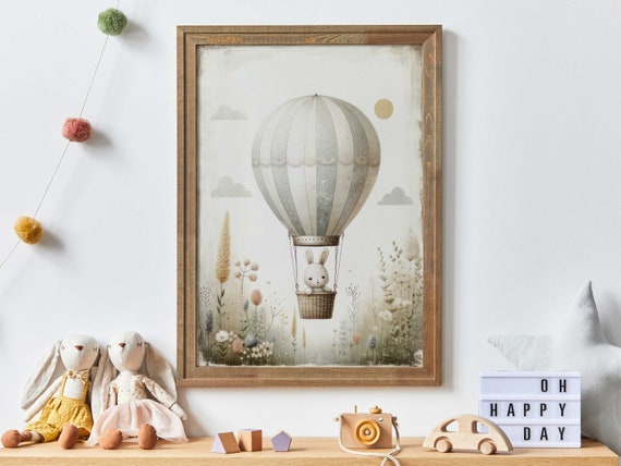 Hot Air Balloon Nursery Bunny Art Print, Cute Decor